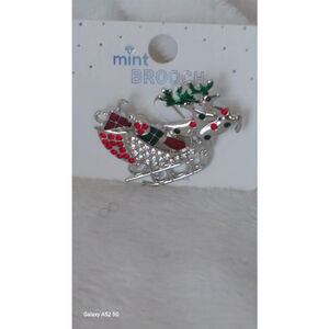 Sensational Silver & Red Reindeer Sleigh Brooch 2 inches
